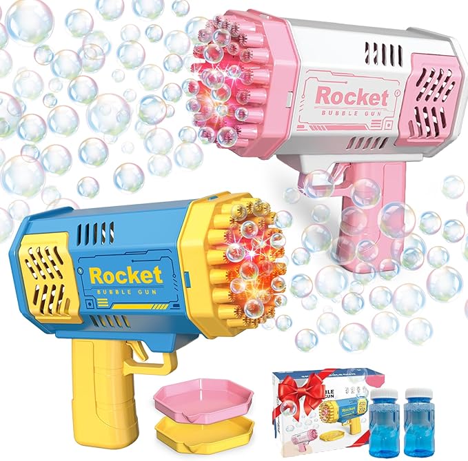 2 Bubble Gun with 2 Bottles Refill Solution for Kids, 40-Hole Light Up Rocket Bubble Machine for Toddlers 1-3, Bubble Blaster Maker, Party Favors Toys for Boys Girls 4-8 Birthday Gifts