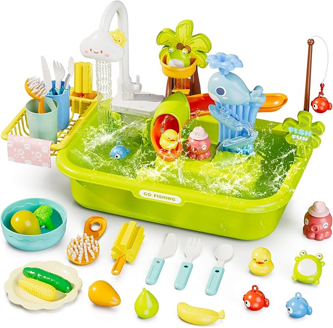 3 in 1 Play Sink with Running Water, Play Kitchen Sink Toy with Electric Faucet/Play Food/Pool Toys/Fishing Game, Pretend Play Water Table for Toddlers 3-5, Water Toys for Kids Ages 4-8