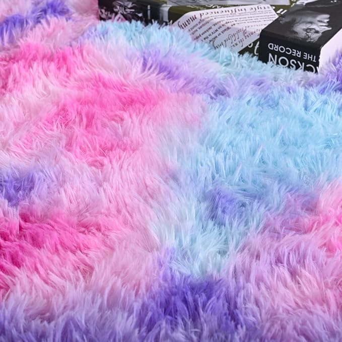 AROGAN Soft Rainbow Area Rugs for Girls Room 2x6 Feet, Fluffy Girls Bedroom Rugs, Princess Rug, Cute Colorful Carpet for Kids Teens Nursery Toddler, Hot Pink