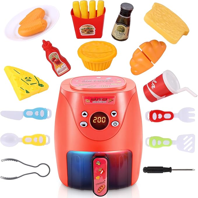 GAGAKU Toy Air Fryer Kids Play Kitchen Playset Accessories,Chefs Pretend Play Food Toys Oven with Light & Sound and Play Food Grill Cooking Utensils,Cooking Toys for 3-8 Year Old Girls Boys Gift