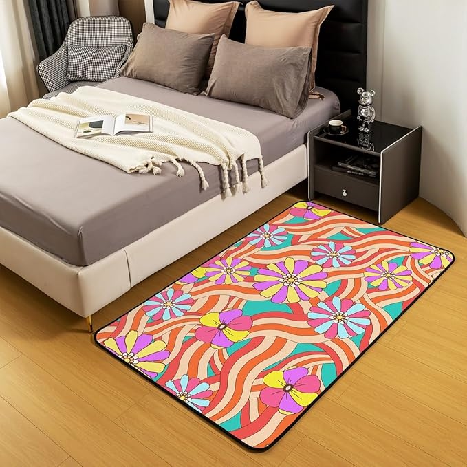 Erosebridal Colorful Floral Area Rug 70S Groovy Flowers Carpet 4x5 for Girls Teen Women Hippie Aesthetic Rug Geometric Stripes Psychedelic Non Shedding Living Room Rugs
