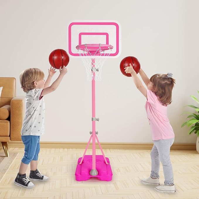 Pink Adjustable Basketball Hoop for 2-6 Year Old Girls, Portable Kids Hoop for Indoor/Outdoor Play