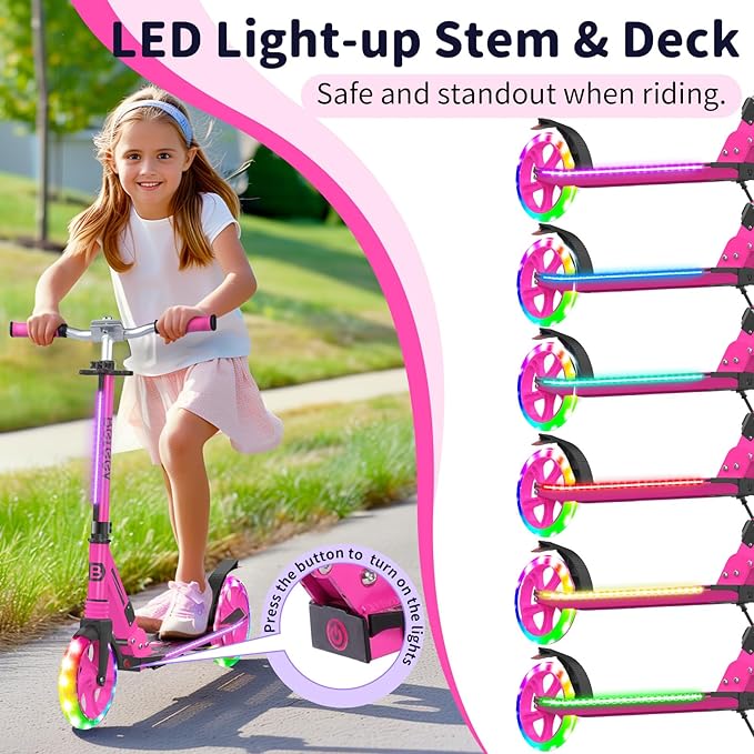 BELEEV V8 Scooters for Kids Ages 6+ with Light-Up Deck, 2 Wheel Folding Scooter for Adults Teens, 4 Adjustable Height, Lightweight Sport Commuter Scooter, Sturdy Frame, Max Load 220 lbs