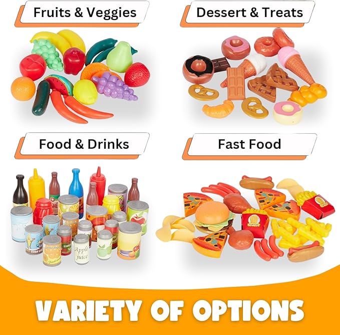 170 PCS Pretend Play Food Toys for Kids Kitchen - BPA-Free Mini Kitchen Accessories and Plastic Fake Food Toys with Veggies, Fruits, Pizza - Imaginative Play Set for Toddlers, Boys, Girls