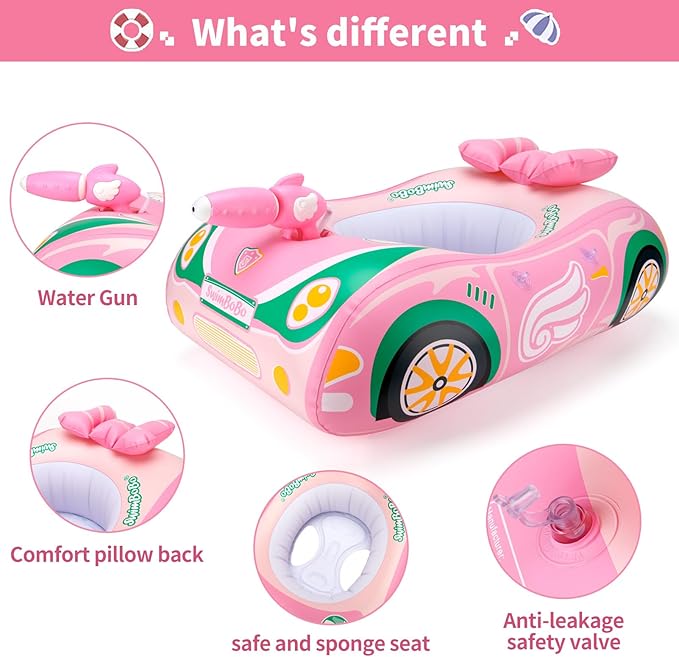 Swimbobo Toddler Pool Float Pink Inflatable Airplane Car Baby Swim Float with Water Gun and Safety Seat Pool Toys for Kids 3+ Years Old