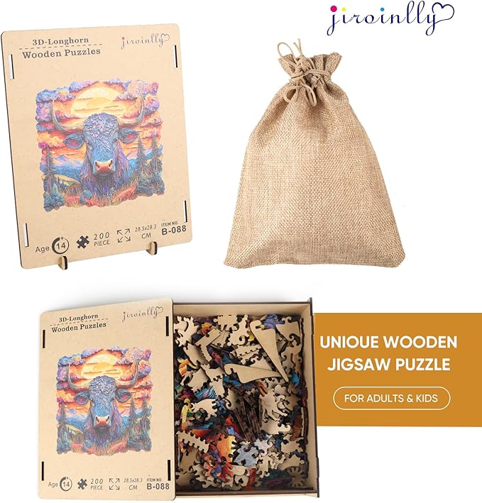 Wooden Puzzle for Adults - 3D Longhorn Wooden Jigsaw Puzzles 500 Piece, Unique Shaped Animal Challenging Puzzles, Exquisite Packaging, Best Gift Toys for Family Friends 16.5x16.5 in