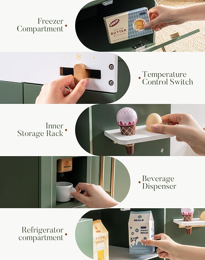 ROBOTIME Wooden Toy Fridge - Play Kitchen Set with Accessories, Kitchen Playset Interactive Refrigerator for Pretend Play Fridge for Kids, Toddler Kitchen Appliance (Vintage Green)