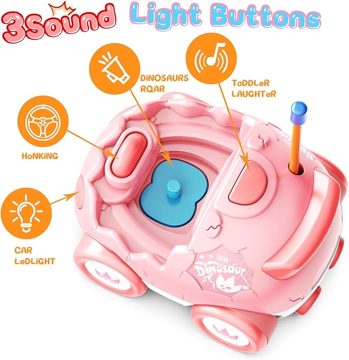 2 Pack Pink Dinosaur Remote Control Car Toys, Christmas Birthday Gifts for Girls 2 3 4 5 Years Old, Dino RC Car with Music and Light, Toddlers Toys for Kids 2-5 Year Old,(Pink Blue)