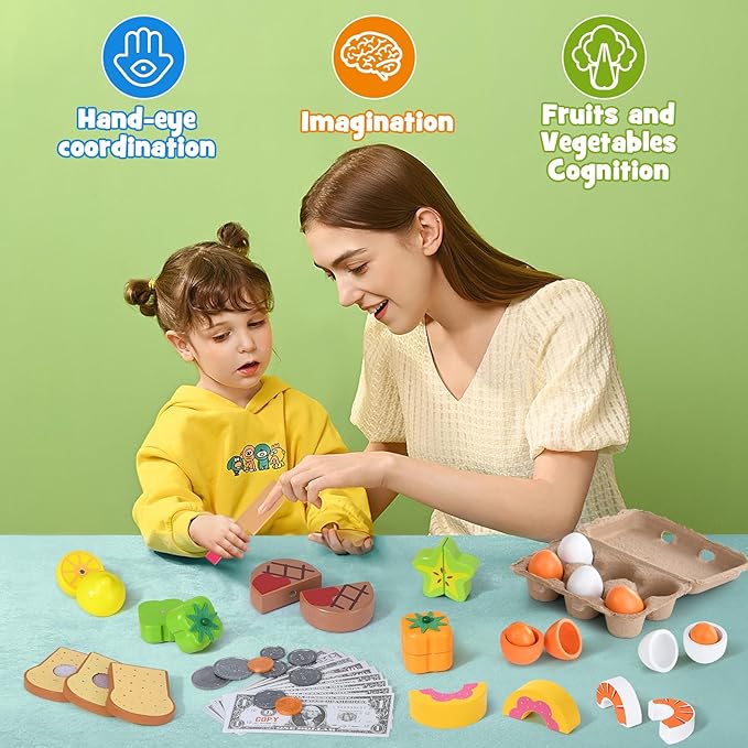 Wooden Play Food Toys for Kids, Market Grocery Store Toys with Snack & Shopping Bag & Apron for Toddlers, Pretend Play Kitchen Accessories Christmas Birthday Gift for Girls Boys 3 4 5 6