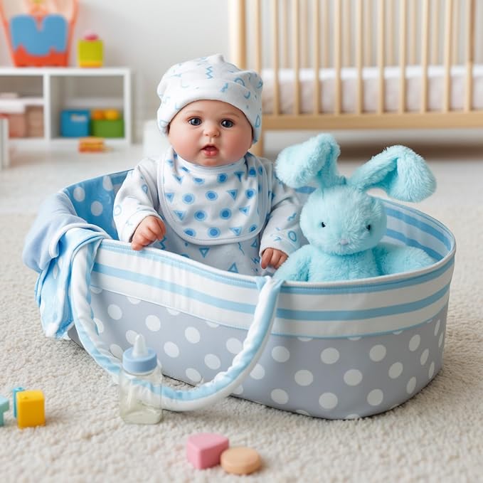 JIZHI 8 Pcs Reborn Baby Doll Clothes Set with Bassinet for 17-22 Inch Babydolls, Realistic Baby Boy Dolls Clothes fit Lifelike Reborn Baby Doll Accessories, Blue (Not Doll)