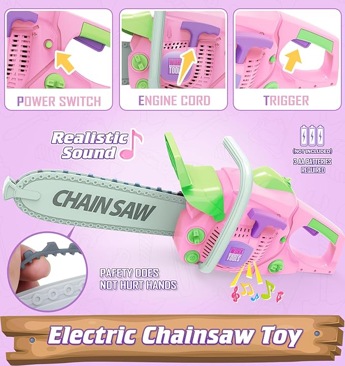 WishaLife Kids Tool Set for Girls - Toddler Tool Set with Toy Chainsaw, Drill, Pretend Play Construction Tools Toy Gift for Kids Age 3 4 5 6 7