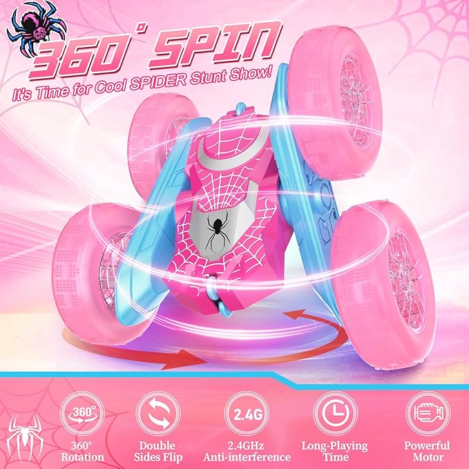 NQD Pink Remote Control Car for Girls, 360° Spin Flip RC Stunt Car with Flashing Wheel Lights 2 Batteries, Double Sided 4WD Off-Road RC Toy Gift for Girls Xmas Birthday