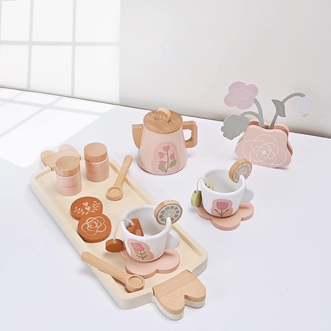 Wooden Tea Set for Little Girls, Wooden Toys, Toddler Tea Set Toy, Play Kitchen Accessories Set, Montessori Toys, Kids Play Kitchen Pretend Playset Toys for Baby Tea Party with Play Food