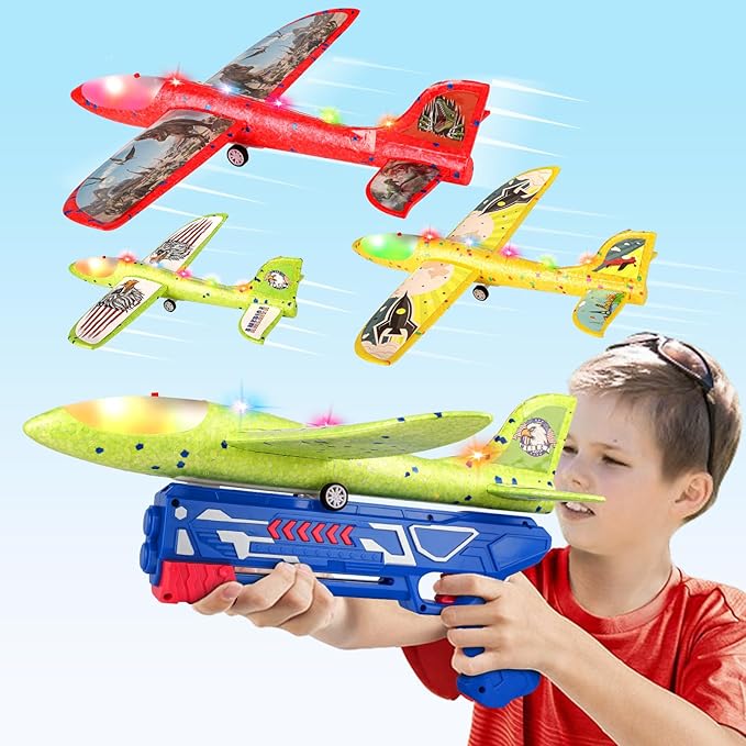3 Pack Airplane Launcher Toy for Kids, 12.6" LED Foam Glider Plane, 2 Flight Mode Catapult Plane Boy Toys with Stickers, Outdoor Flying Toys Birthday Gifts for 4 5 6 7 8 9 10 12 Year Old Boys Girls