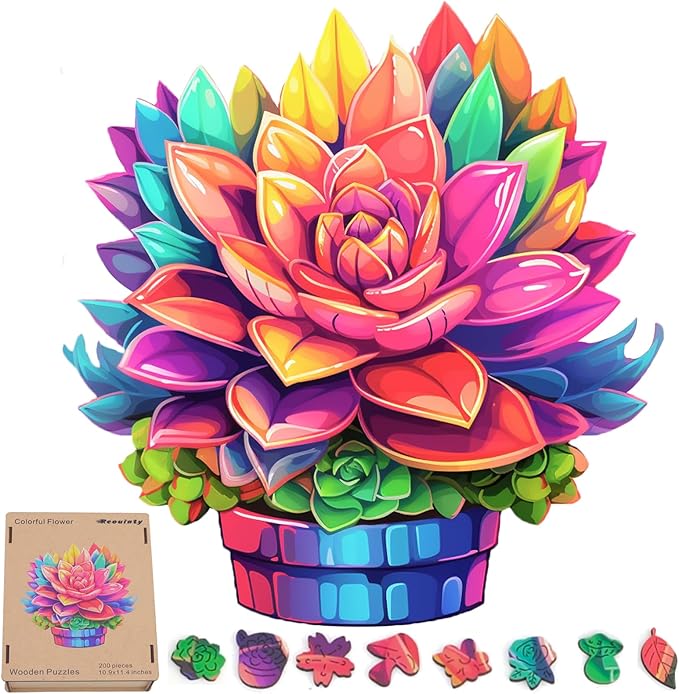 Valentine's Day Wooden Puzzle Colorful Flower Pot 200pcs Medium Size 11.2'' x 11.2'', Luxurious Shaped Wood Puzzle, Beautiful Package, Best Gift for Adults and Kids, Family Game