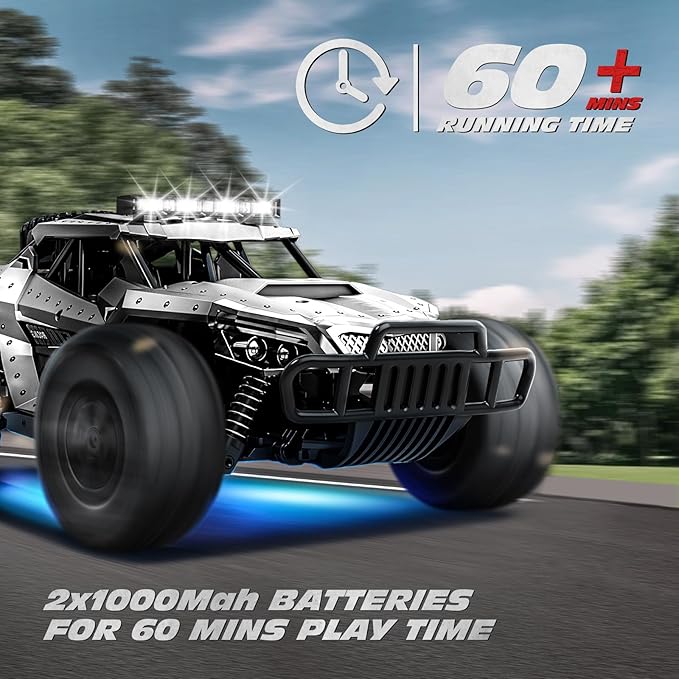 Tecnock RC Car 1/16 Scale Remote Control Car for Boys, High Speed 20 Km/h All Terrains Rc Monster Truck with Two Rechargeable Batteries & Head Chassis Lights Gift Toy for Kids Adults, Silver