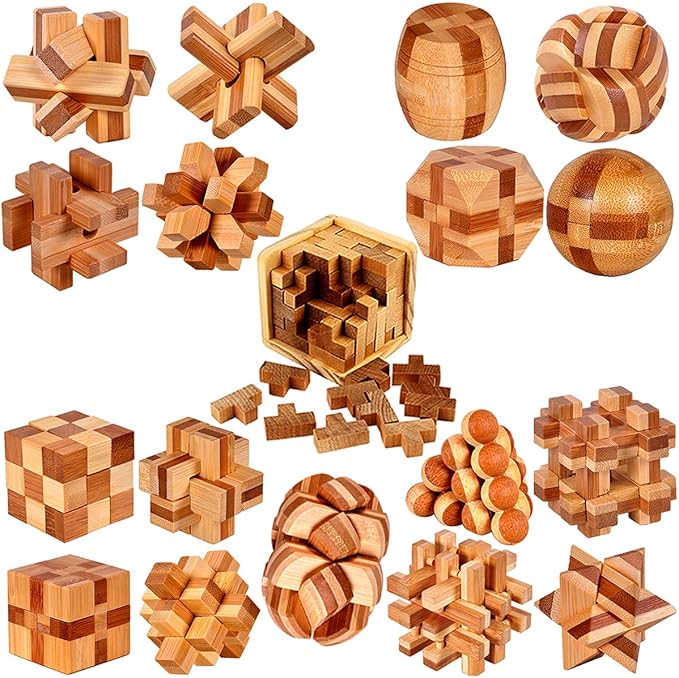 18 Pack Wooden Brain Teaser Puzzles Stress Relief Sensory Toys Wooden Burr Puzzles Brain Teaser Puzzle with Gift Packing Box Magic Puzzle Games Toy for Kids and Adults by AHYUAN (Bamboo)
