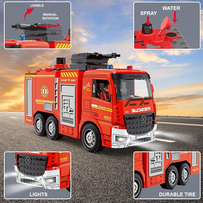 Remote Control Fire Truck, RC Fire Truck Toy Set, 2 Firetruck with Fire Extinguisher, 2 Dolls, 4 Traffic Cones, Lights, Sounds, Extendable Rescue Ladder, Firetruck Toy for Boys Kids