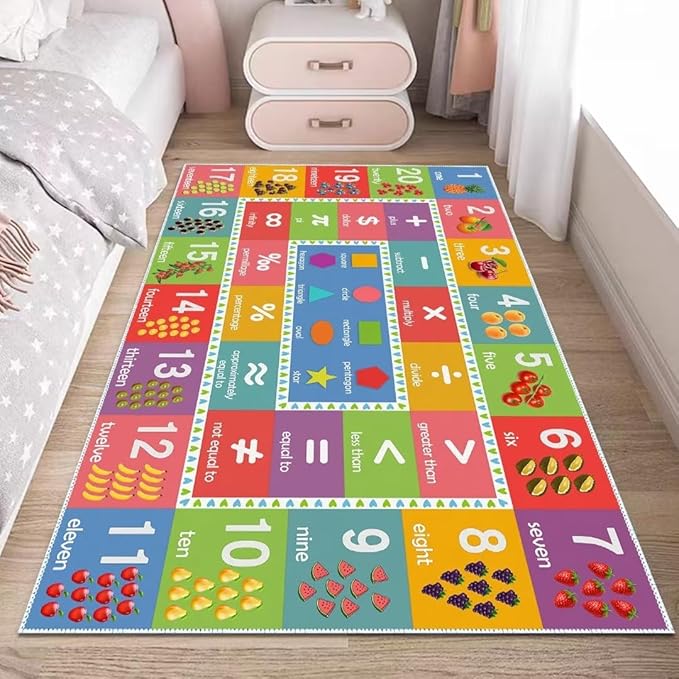 Educational Play Rug, 3'x5' Numbers Shapes Rug Carpet for Kids Classroom Playroom, Counting Game Floor Mat Playmat for Boys Girls