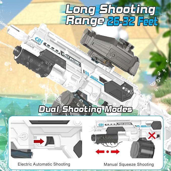 Electric Water Gun with 1350CC Large Capacity, 32FT Long Range Auto Suction Water Guns for Adults, Squirt Gun Water Blasters for Kids Adults Beach Pool Outdoor Party Water Toys Gift White