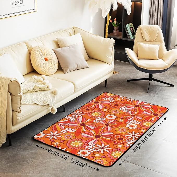 Erosebridal Colorful Groovy Flowers Area Rug 3x5 Hippie Retro Aesthetic Floral Carpet for Girls Teen Women Trippy Vintage Hippy Botanical Decorative Rug Abstract Funky Non Slip Rug