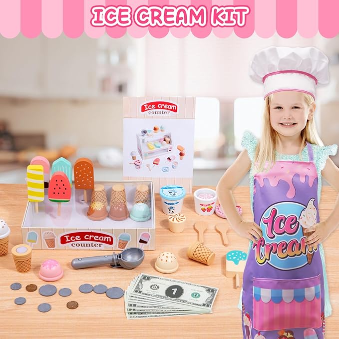 Wooden Ice Cream Toys for Toddlers 3-5 Kids Play Store Pretend Food Kitchen Accessories with Scoop & Menu & Toy Cash, Wooden Ice Cream Counter Shop Playset for 3 4 5 Year Old Birthday