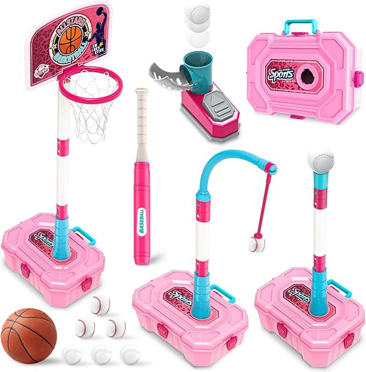 4-in-1 Toddler Basketball Hoops and T-Ball Set, Height Adjustable Kids Basketball Hoops, Baseball Launcher, Indoor/Outdoor Hanging T-Ball Baseball Toys for Boys and Girls Ages 3+(Pink)