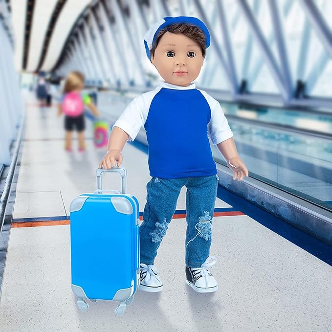 Ecore Fun 24 Pcs 18 Inch Boy Doll Clothes and Accessories Suitcase Play Set Included Travel Carrier Clothes Camera Phone Travel Pillow Passport Tickets Cashes Credit Card Map