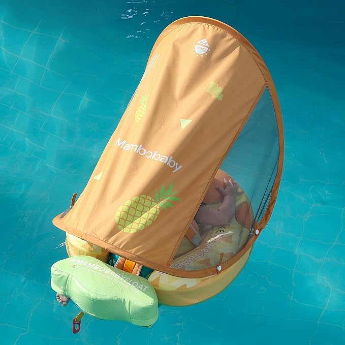 Mambobaby Float Add Tail Baby Swim Float with Canopy Solid Pool Infant Swim Trainer Swimming Training Lying Air Free Water Floats Non-Inflatable Waist Swim Ring for Toddlers (Pineapple)