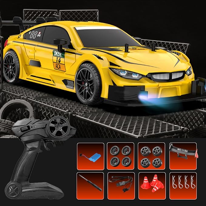 Remote Control Car RC Drift Car, 1:16 Scale Electric RC Car with LED Lights 2.4GHz 4WD 40km/h RTR High Speed Racing Sport Toy Car for Adults Boys Girls Kids Gifts (Yellow)