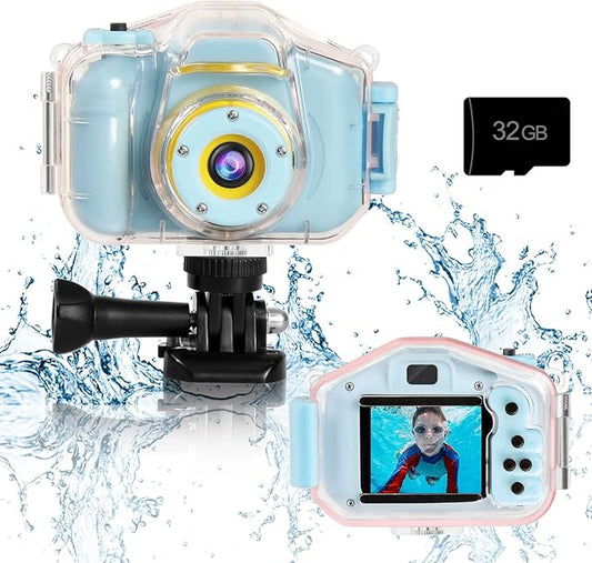 Agoigo Kids Waterproof Camera - Children Underwater HD Video Digital Camcorder, Portable Travel Toy for Toddler - Ideal Christmas Birthday Gifts for Boys Girls Age 3-12 with 32GB Card (Blue)