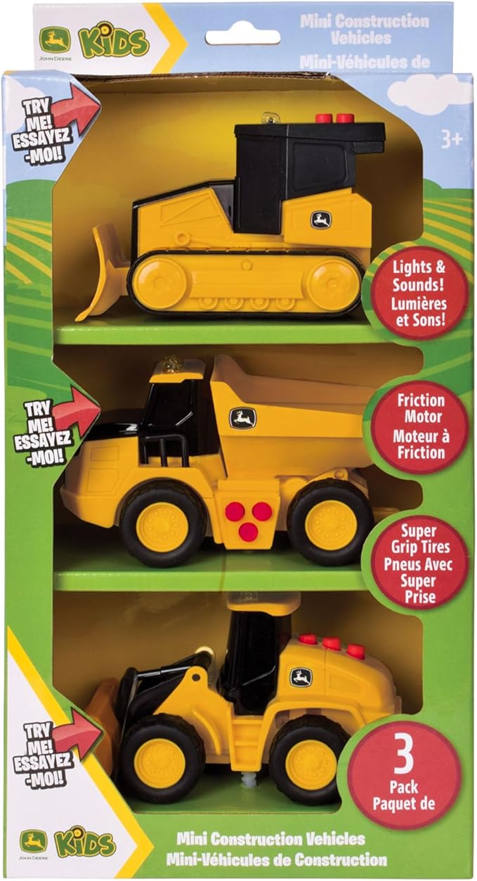 John Deere Realistic Farm Vehicles 3 Pack, 5" Toy Construction Vehicles with Lights, Sounds and Friction Rev Motor, Party Favor and Gift for Kids 3+