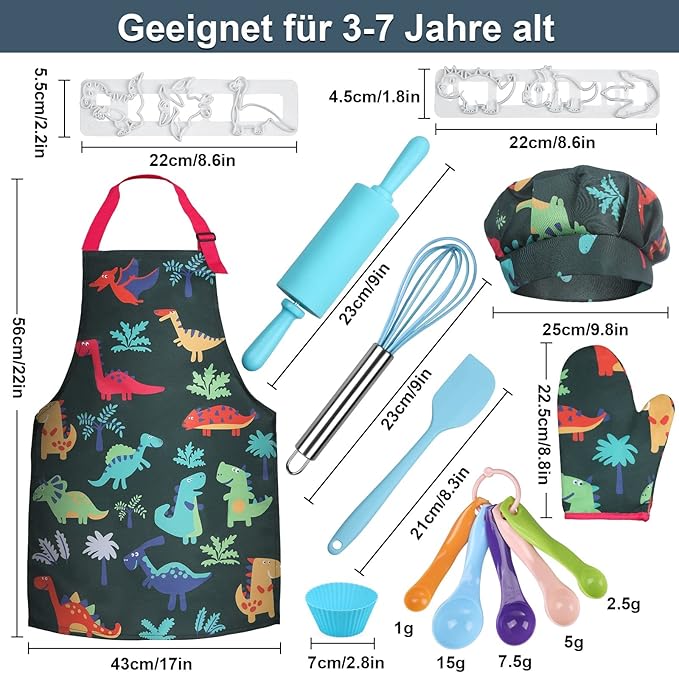 Anpro Complete Kids Cooking and Baking Set - 27 Pcs Includes Aprons for Girls, Chef Hat, Mitt & Utensil to Dress Up Chef Costume Career Role Play for 3-7 Years Boys