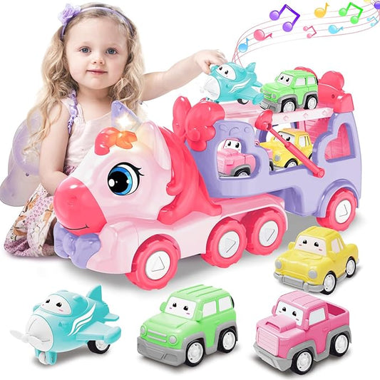 Toys for 3 Year Old Girl, 5-in-1 Unicorn Toys Carrier Truck Toy Cars with Light & Sound,Girl Toddler Toys Age 3-5, 3 4 5 Year Old Girl Birthday Gifts Kids Toys for Girls…