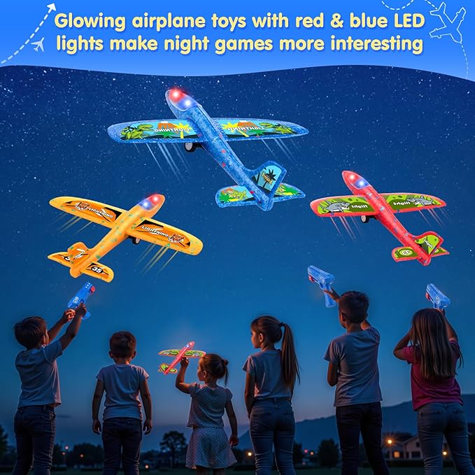 3 Pack LED Airplane Launcher Toys - Foam Glider Catapult Aircraft Plane Toy with Stickers - 2 Flight Mode Outdoor Flying Toys for Age 3 4 5 6 7 8 9 10 11 12 Year Old Kids Boys Girls Birthday Gifts
