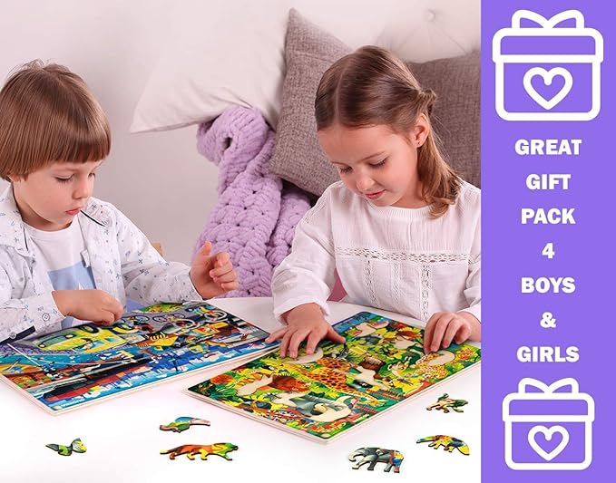 QUOKKA Wooden Kids Puzzles Ages 4-6 – 4 x 60 Piece Puzzles for Kids Ages 4-8 – Wood Toddler Games for 3-5 Year Olds – Cars Ships and Animals Toy for Boys and Girls