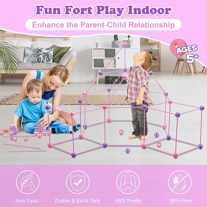 Kids Fort Building Kit 120 Pieces Construction STEM Toys for 5 6 7 8 9 10 11 12 Years Old Boys and Girls Ultimate Forts Builder Gift Build DIY Educational Learning Toy for Indoor Outdoor(Purple+Pink)