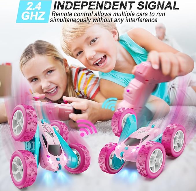 RC Cars, Pink Remote Control Car for Girls, 2.4 GHZ Double Sided RC Stunt Car 360° Rotating Remote Control Crawler with Headlights Car Toys for 6 7 8 9 10 11 12 Girls Birthday Gift