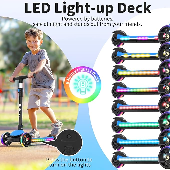 BELEEV A9 Kids Scooter with LED Light-Up Wheels & Deck, 3 Wheel Folding Scooter for Toddlers Girls Boys Ages 3-12, Adjustable Handlebar, Lean to Steer, Extra-Wide Wheels, Kick Scooter for Children