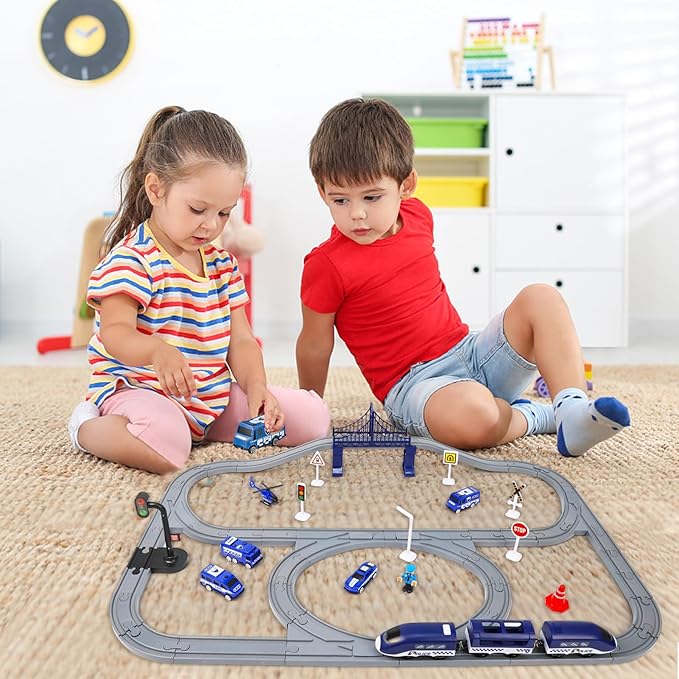 Wdmiya Train Set for Toddlers, 73 Pcs Train Toys for Kids Ages 3-8, Electric Trains Sets with Tracks (Magnetic Connection), Christmas Birthday Gifts for 3 4 5 6 7 Years Old (73pcs, Police)