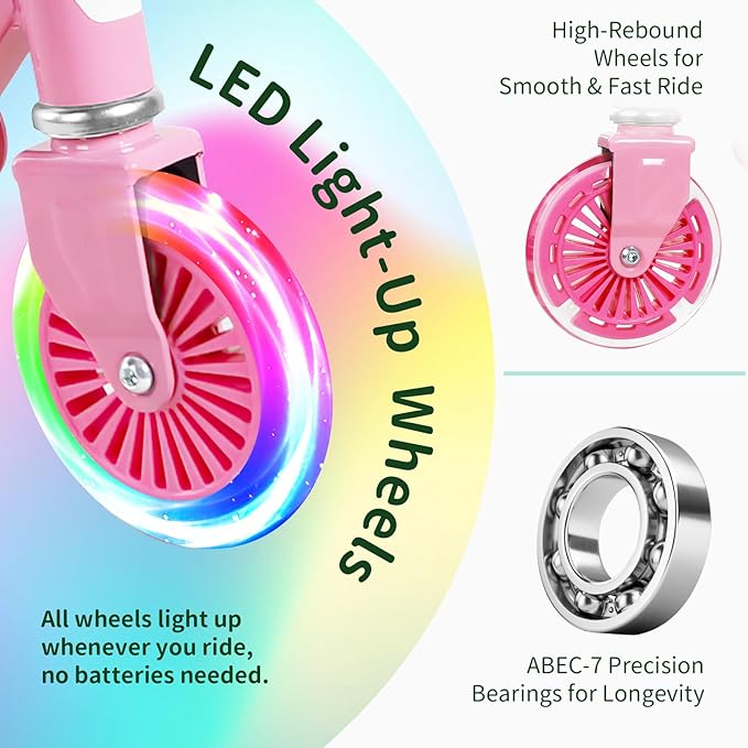 BELEEV V2 Scooters for Kids with Light-Up Wheels & Stem & Deck, 2 Wheel Folding Scooter for Girls Boys, 3 Adjustable Height, Non-Slip Pattern Deck, Lightweight Kick Scooter for Children Ages 3-12