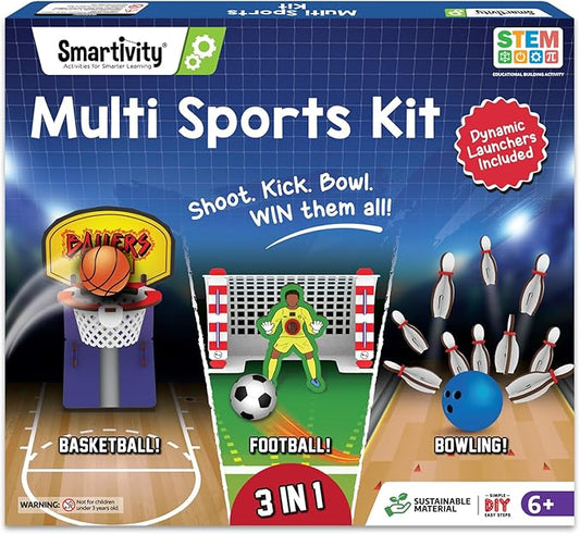 Smartivity 3in1 Basketball, Soccer, Bowling I Indoor Sports Game for Kids 6-12 Years Old I for Boys & Girls | DIY STEM Toy for Kids 6,7,8,9,10,11,12, Years I Wooden Construction Kit