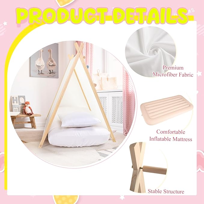 Teepee Tent for Kids with Inflatable Airbed, Fitted Sheet and Pillow Inserts Toddler Play Tent White Washable Foldable for Indoor Outdoor Boys Girls Slumber Party Sleepover Playhouse(4 Sets)