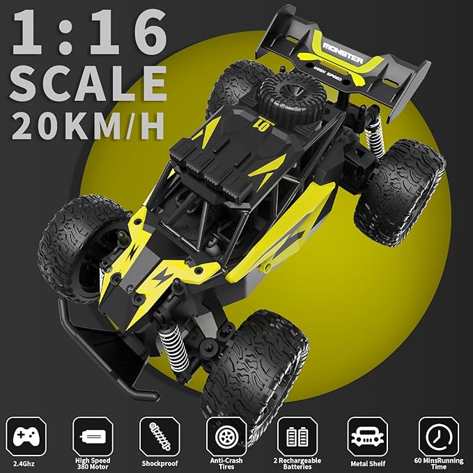 Carox 1:16 Scale RC Car for Kids, 2.4GHz High-Speed Electric Monster Truck, 20km/h, Dual 1000mAh Rechargeable Batteries, All-Terrain Tires, Shock Absorbing Suspension, Ideal Gift for Boys Aged 6-12