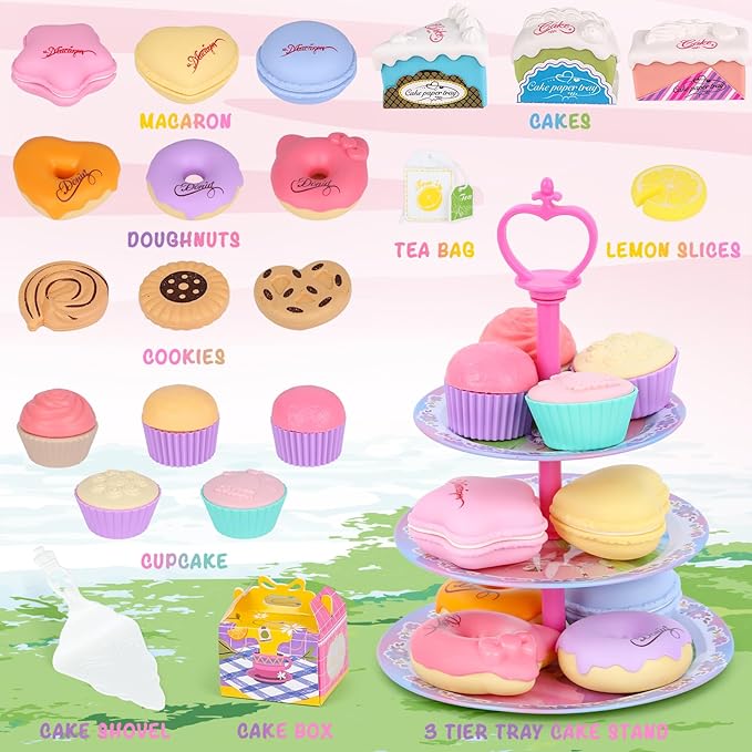 Tea Party Set for Toddles 3-5,53PCS Musical Kids Tea Set for Little Girls with Dessert,Cookies,Doughnut,Cake,Cake Stand,Tablecloth & Carrying Case,Kitchen Pretend Play Toys for Girls Boys Age 3-6