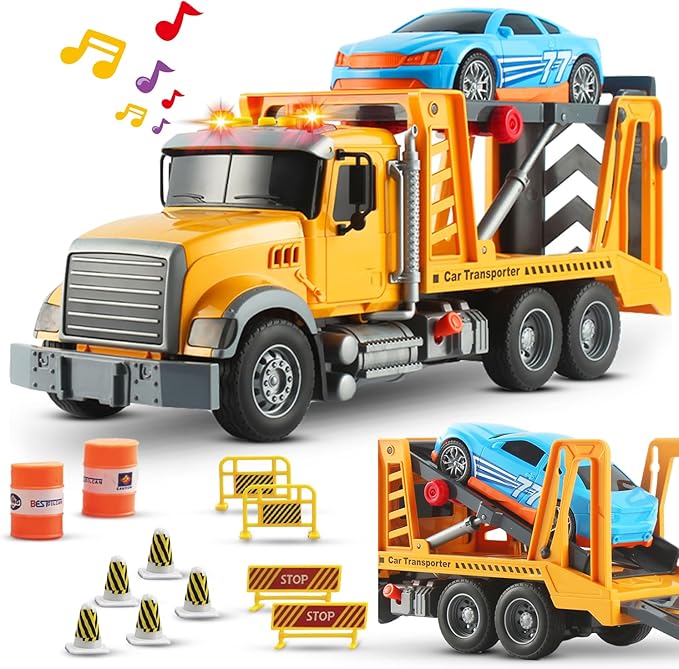 Mobius Kids Tow Truck Toy with Race Car Friction Powered Hauling Toy Tow Trucks for Boys Age 3-5 w/Flashing Lights & Sounds - Playset for Kids Boy & Girls Ages 3-9 Working Hook & 11 Cool Accessories