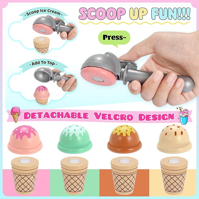 INNOCHEER Ice Cream Toy, Wooden Ice Cream Play Set, Pretend Play Kitchen Toys, Ice Cream Toys for Toddlers, Ice Cream Shop Playset Play Store, Gifts Toys for 3 4 5 6 7 8+ Year Old Girls Boys