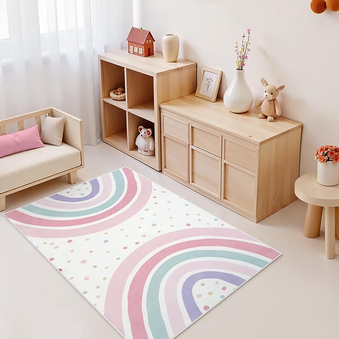 STARUIA 3x5 Rainbow Rug for Nursery Kids Room, Pink Carpet Soft Polka Dot Rug for Girl Bedroom, Non-Slip Small Washable Kids Area Rug for Playroom Princess Tent Castle