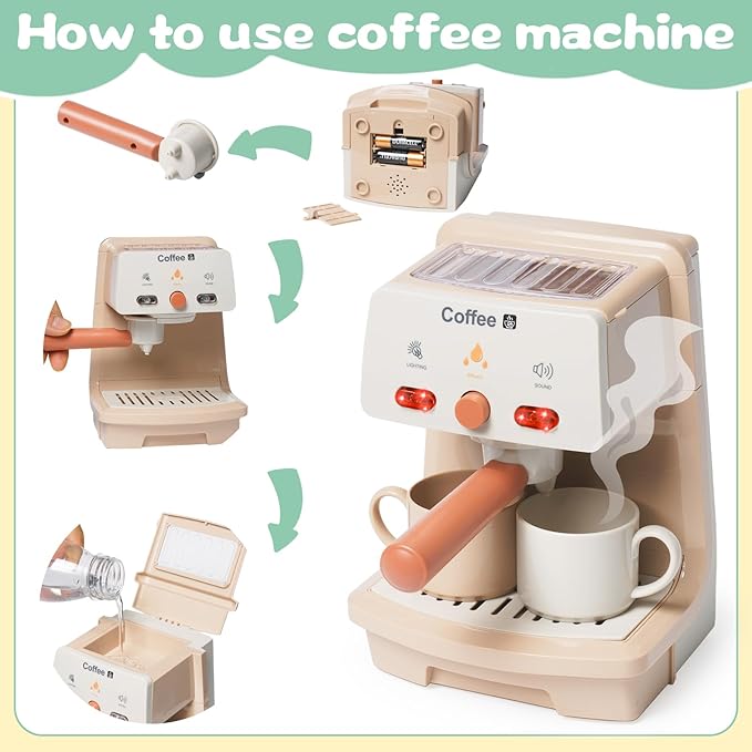 Kitchen Appliances Toy for Kids Kitchen Pretend Play Toy Play Kitchen Set with Coffee Maker Blender Espresso Machine Water Dispenser Toaster Mixer Realistic Sounds for Boys Girls 3+