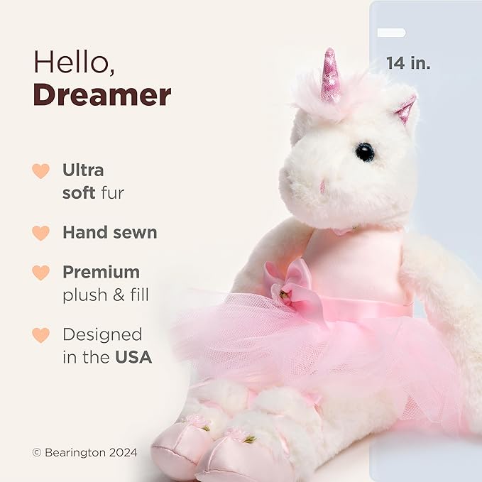 Bearington Dreamer Ballerina 14 Inch Ballerina Doll - Unicorn Stuffed Animals for Girls - Dance Recital Gifts for Girls